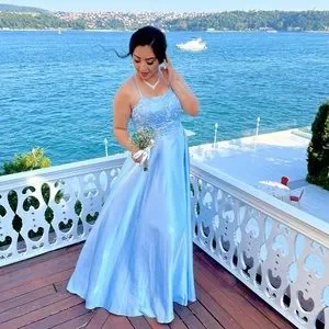 Satin and lace ice blue long dress with side slid on one stripe prom wedding